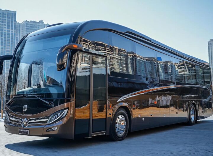 Bus de grand tourisme moderne et luxueux stationné en ville, idéal pour une location de bus VIP haut de gamme.