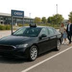Illustration d’un taxi professionnel à Chessy, dans une ambiance moderne et rassurante. L’image évoque un départ simple et organisé vers Disneyland Paris, la gare TGV, CDG ou Paris.