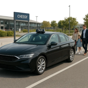 Illustration d’un taxi professionnel à Chessy, dans une ambiance moderne et rassurante. L’image évoque un départ simple et organisé vers Disneyland Paris, la gare TGV, CDG ou Paris.