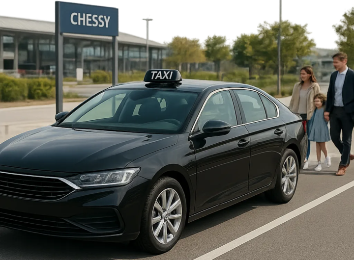 Illustration d’un taxi professionnel à Chessy, dans une ambiance moderne et rassurante. L’image évoque un départ simple et organisé vers Disneyland Paris, la gare TGV, CDG ou Paris.