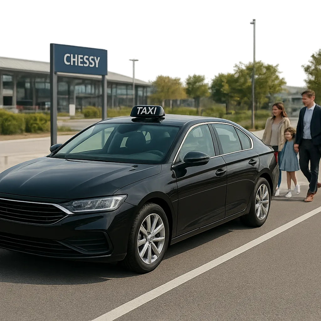 Illustration d’un taxi professionnel à Chessy, dans une ambiance moderne et rassurante. L’image évoque un départ simple et organisé vers Disneyland Paris, la gare TGV, CDG ou Paris.